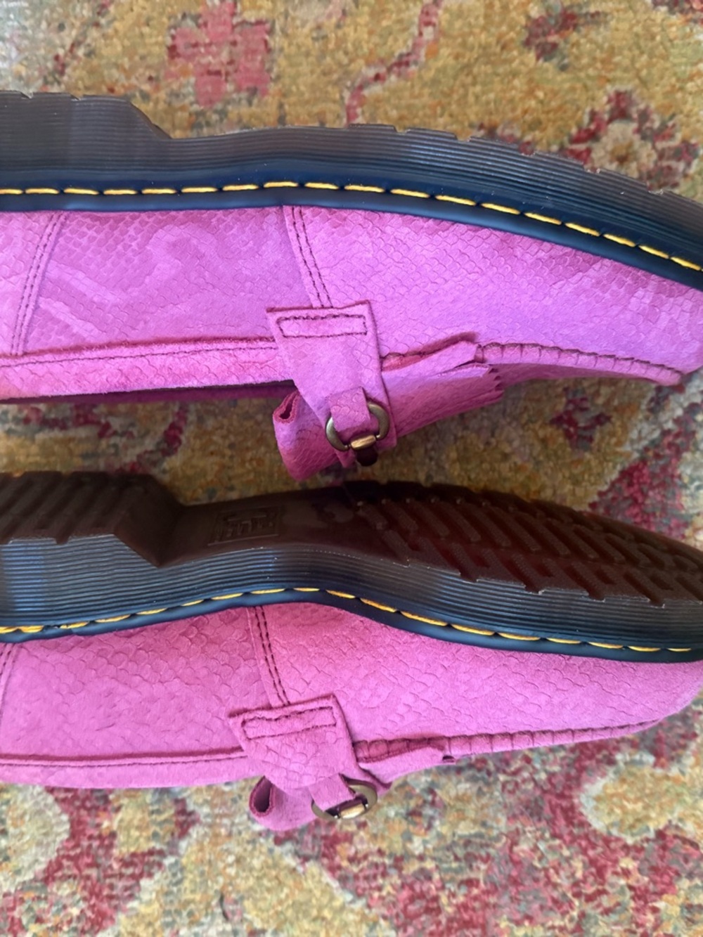 Dr. Martens Women's Adrian Snaffle Pink Suede Kiltie snake embossed Loafers - Picture 3 of 5